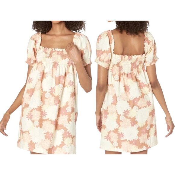 Faherty Coral Floral Organic Cotton Smocked Square-Neck Puff-Sleeve Dress Small - Picture 4 of 14